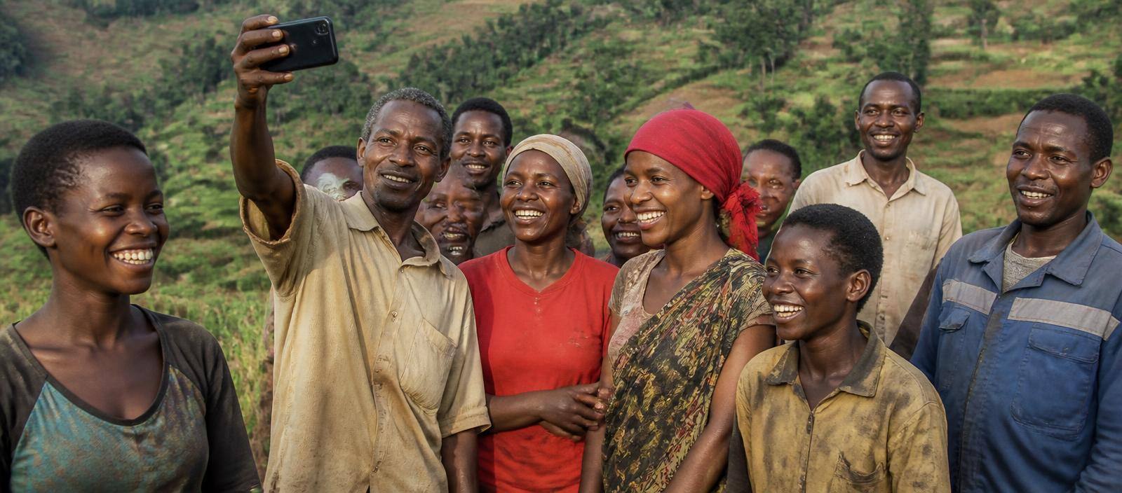 Groupe d'agricultrices et d'agriculteurs burundais réunis en bordure de champ, souriants, l'un tenant un téléphone