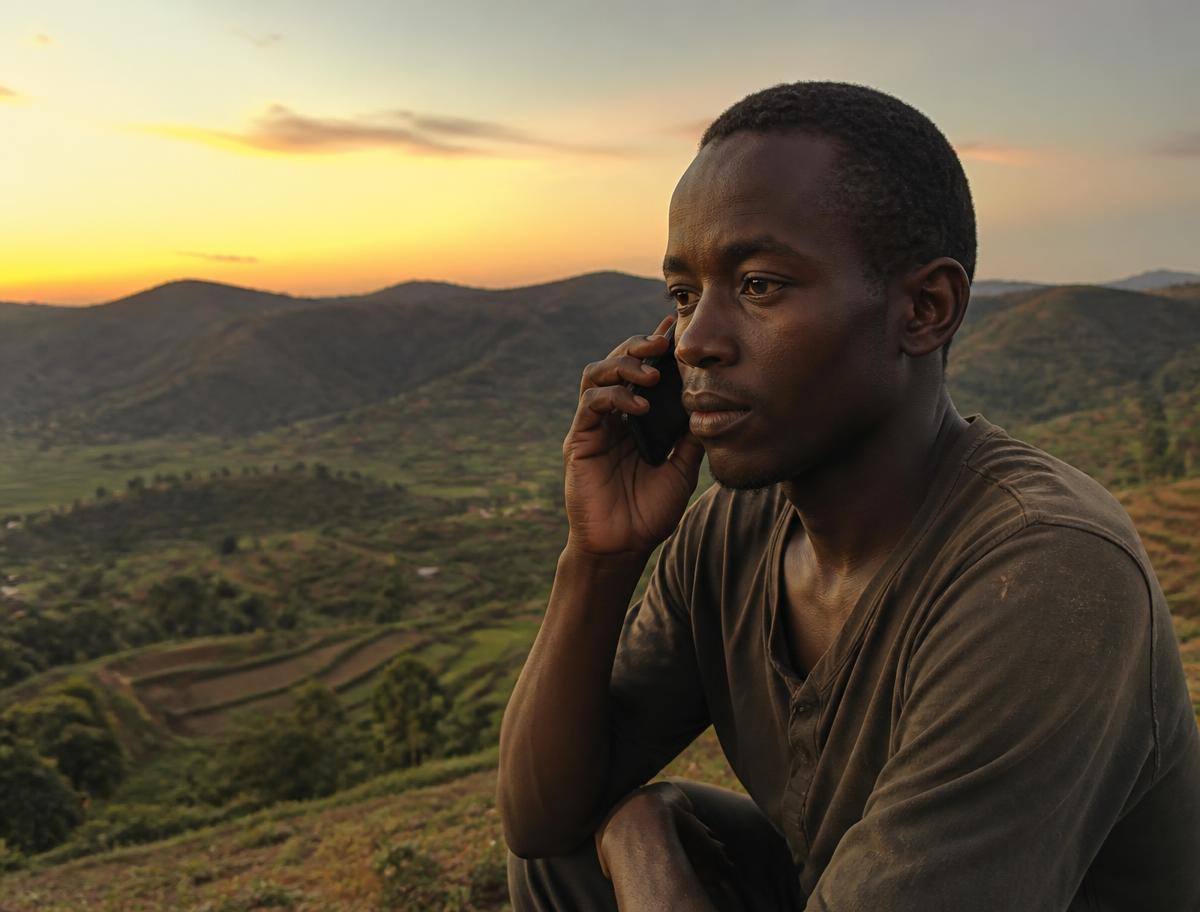 Jeune agriculteur burundais consultant l'assistant vocal sur son téléphone au coucher du soleil