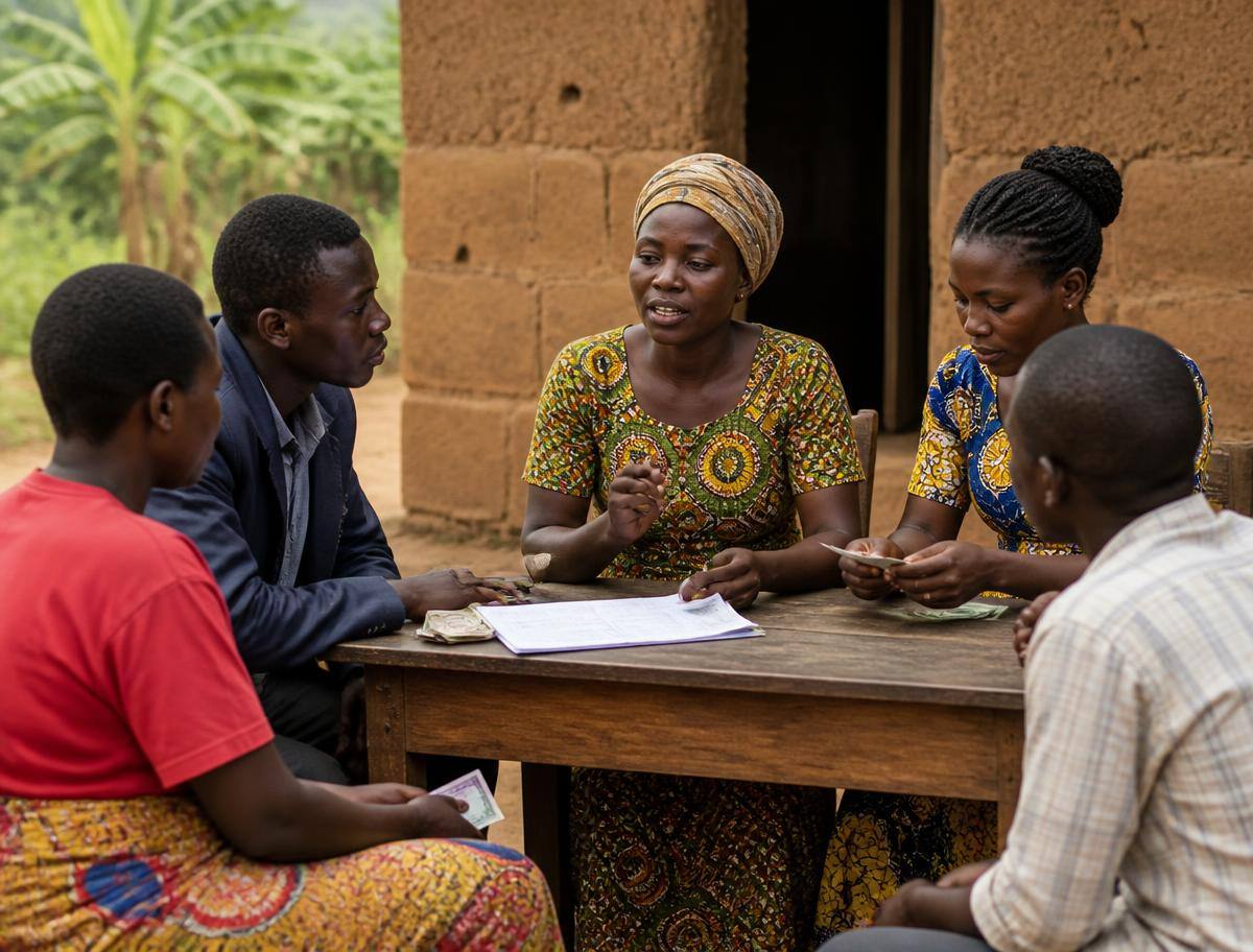 Membres d'une coopérative burundaise examinant un registre de crédit agricole