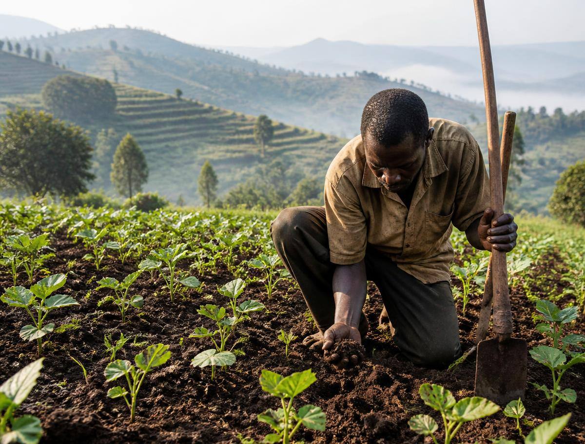 Agriculteur burundais agenouillé dans son champ de haricots, examinant la terre au lever du jour