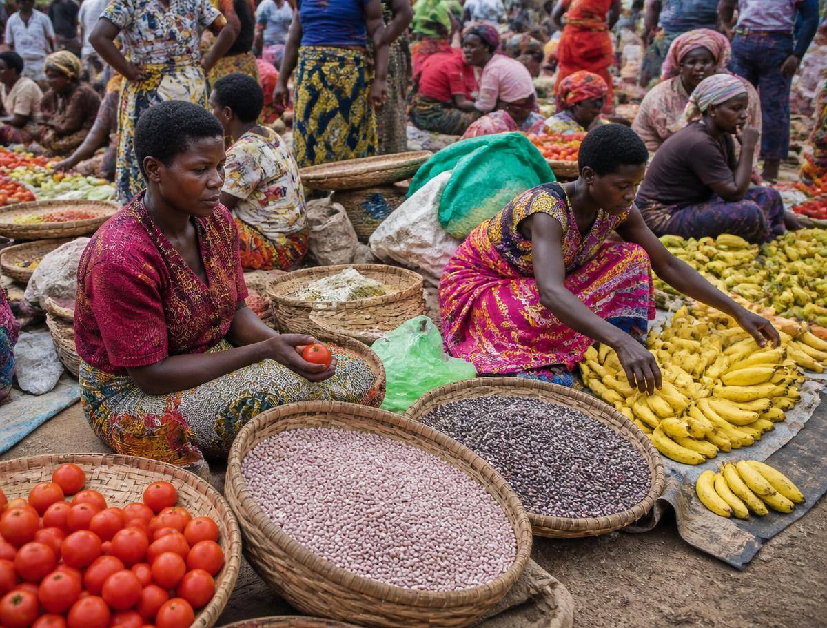 Vendeuses burundaises proposant haricots, tomates et bananes sur un marché local