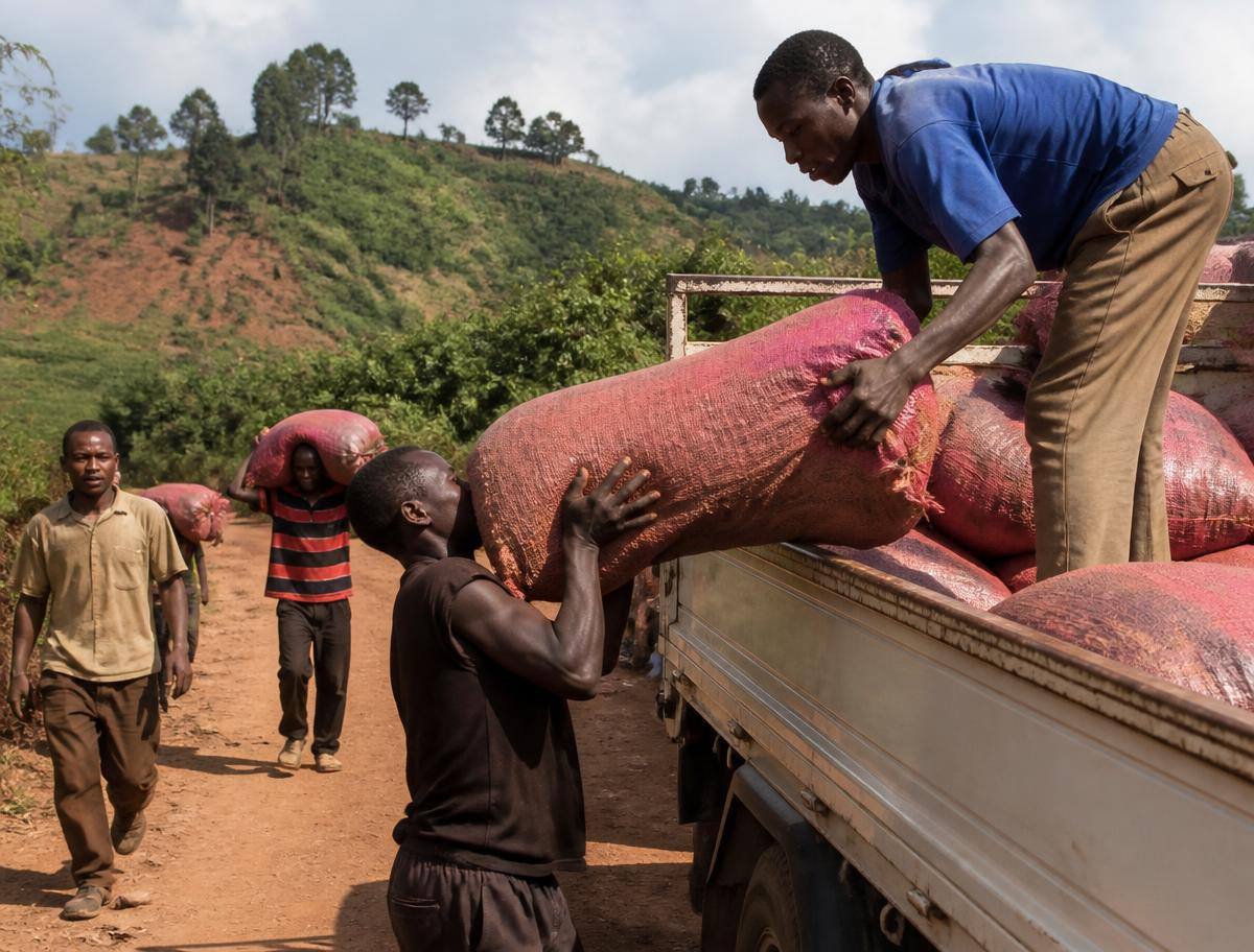 Chargement de sacs de récolte sur un camion le long d'une piste rurale burundaise
