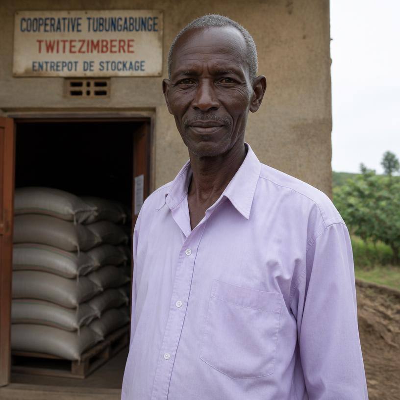 Portrait de Célestin, président de coopérative à Gitega, devant son entrepôt